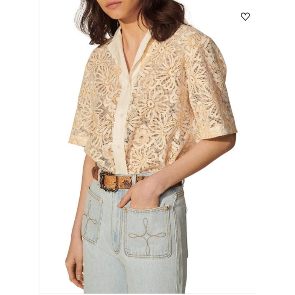 Sandro Paris Amarine Shirt Ivory Crochet‎ Lace Blouse EU 3